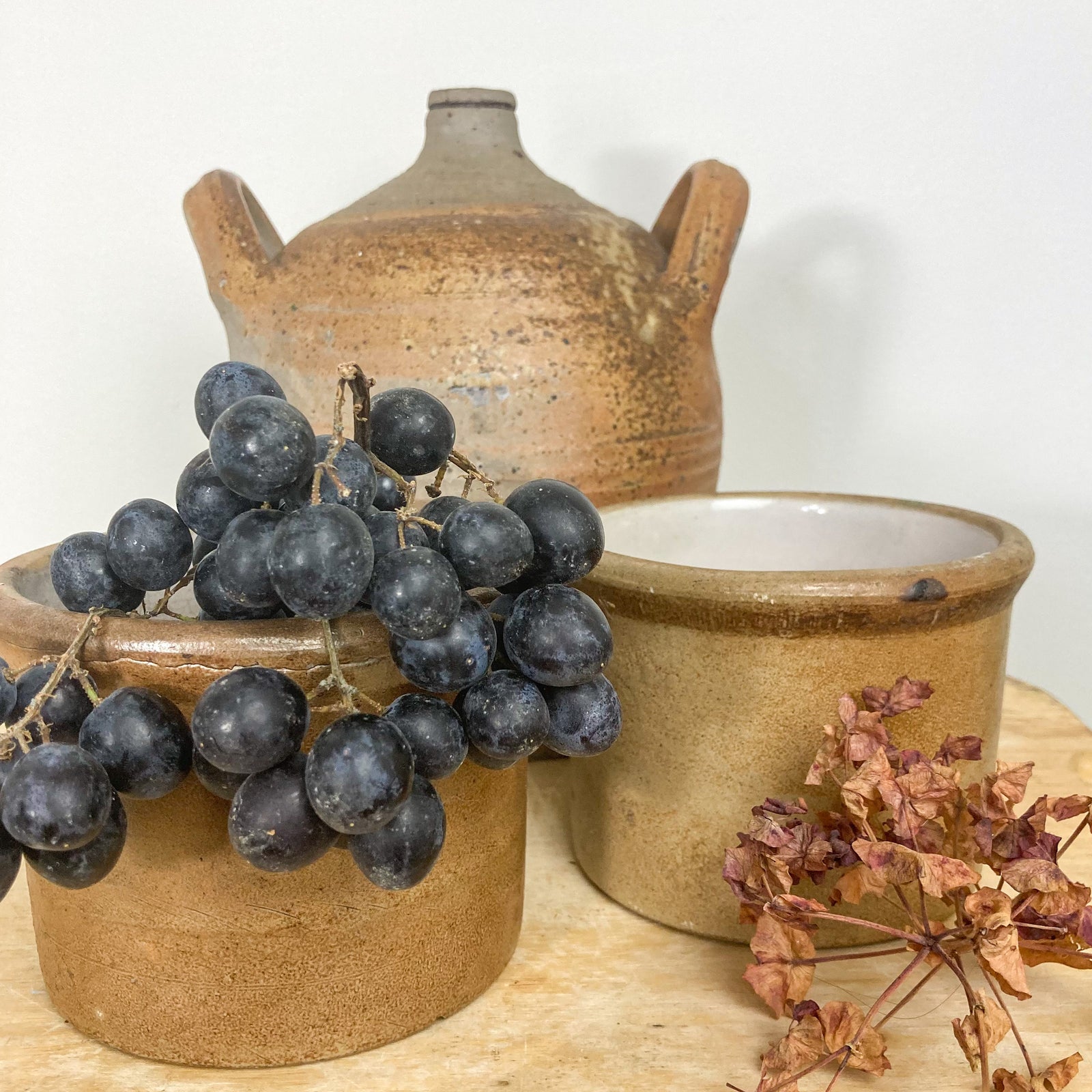 Rustic vintage pots used for kitchen storage 