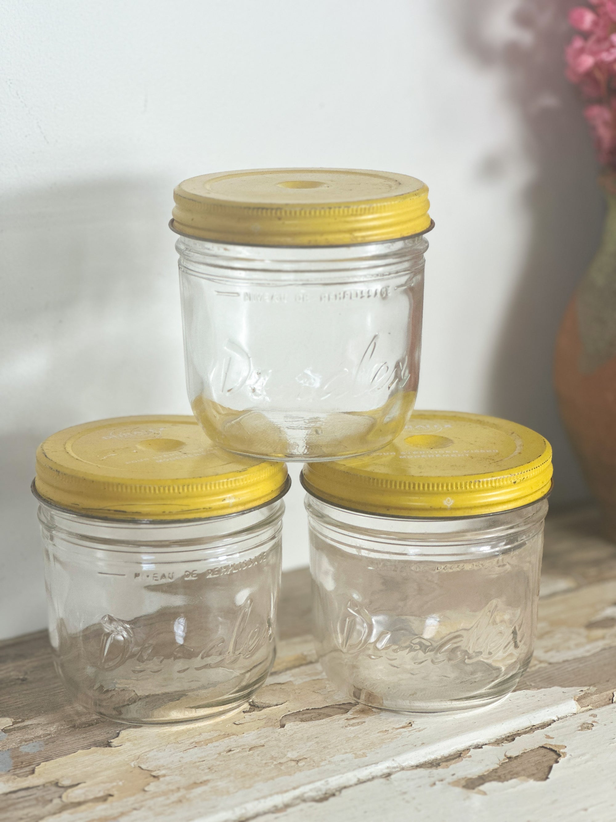 Vintage French glass storage jars yellow top