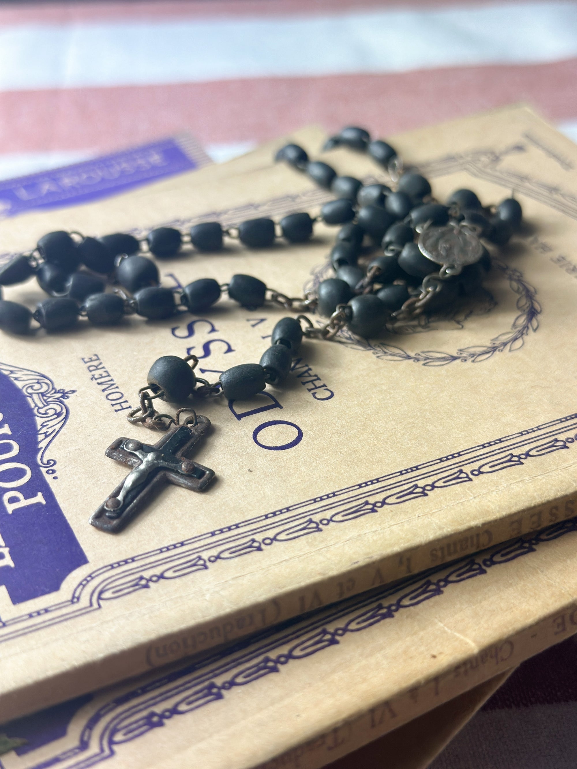 Black and metal French rosary beads