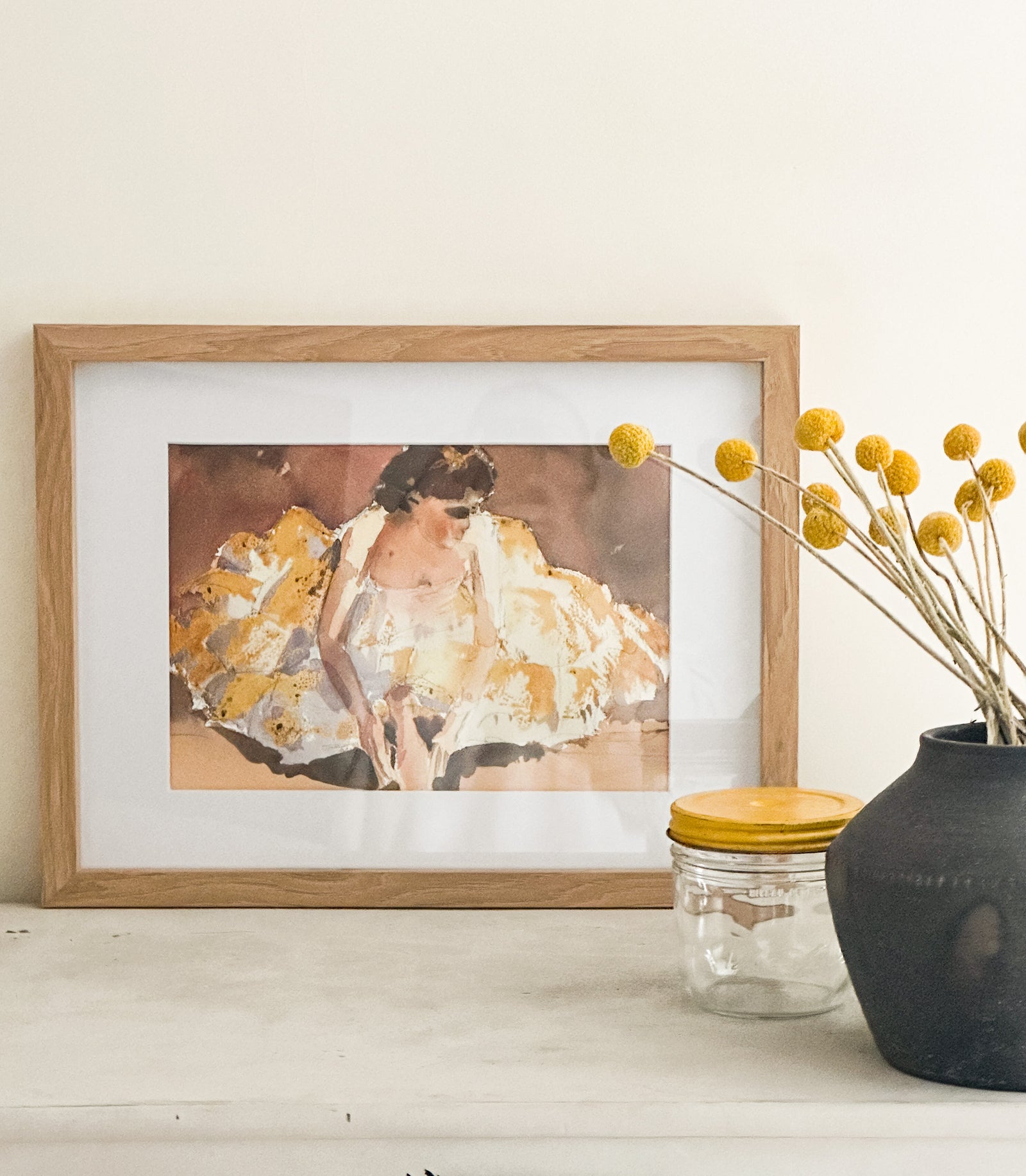 Watercolour portrait of a ballerina framed