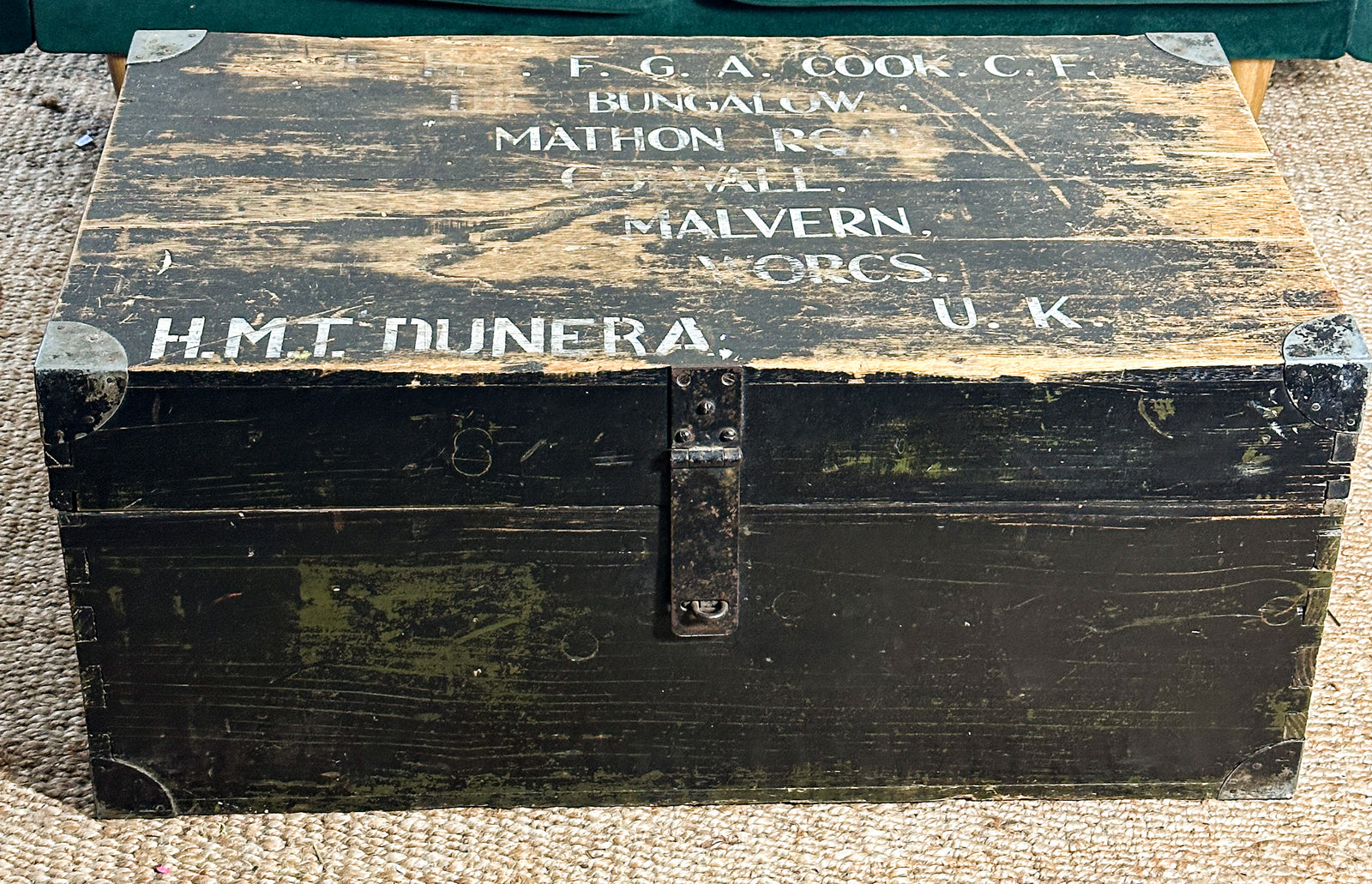 Black wooden vintage pine steam trunk