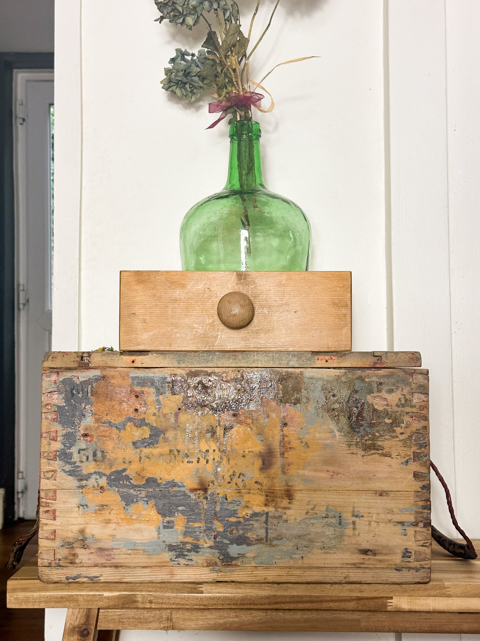 Vintage wooden blue storage chest