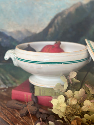 White and green vintage French soupiere with lid