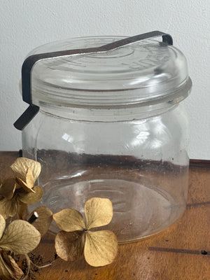 French Vintage Glass Storage Jar Metal Strap