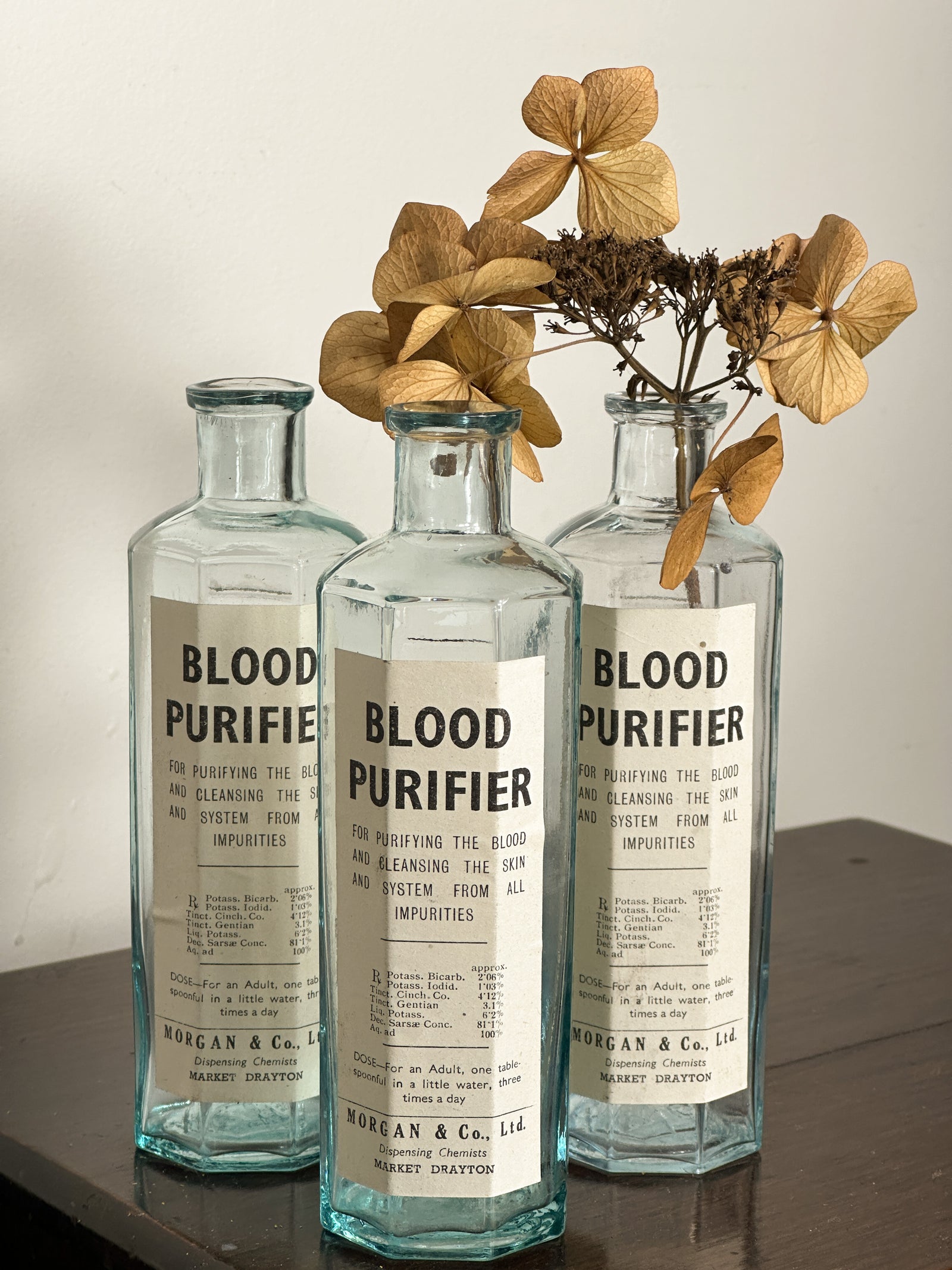 Set of vintage pharmacy apothecary glass bottles in blue