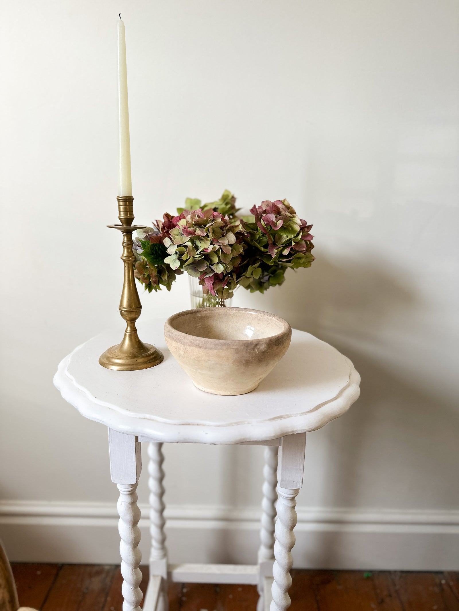 White piecrust side table with barley twist legs