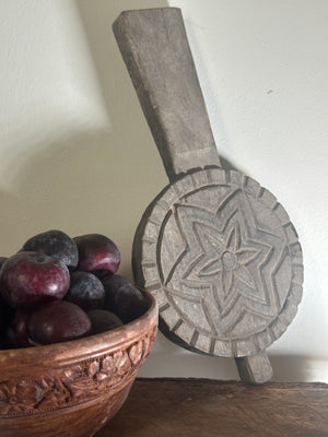 Antique carved Indian hardwood wooden butter paddle.