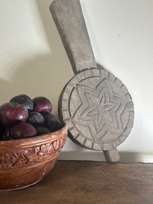 Antique carved Indian hardwood wooden butter paddle.