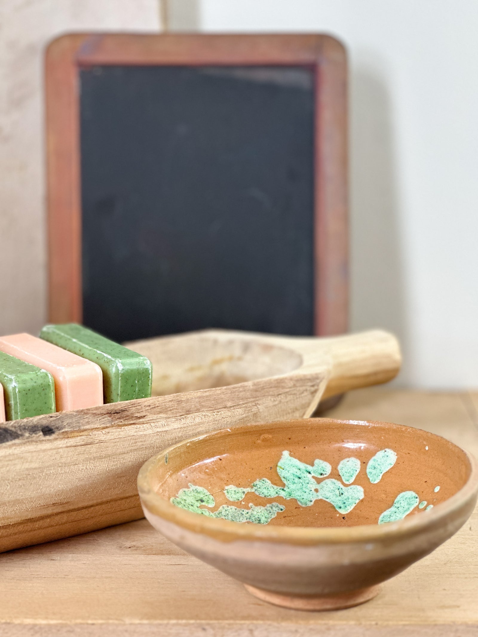Terracotta bowl green splatterware