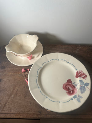 Vintage French floral Digoin Sarreguemines bowl and plate set