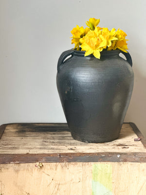 Vintage Indian black clay double-handed vase