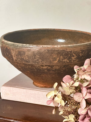 Terracotta slipware bowl folk art pattern