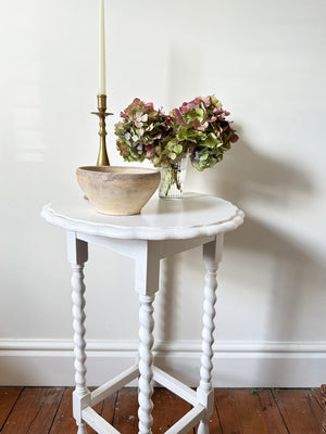 White piecrust side table with barley twist legs