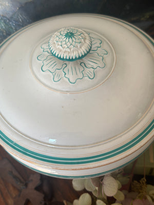 White and green vintage French soupiere with lid