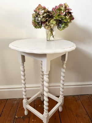 White piecrust side table with barley twist legs
