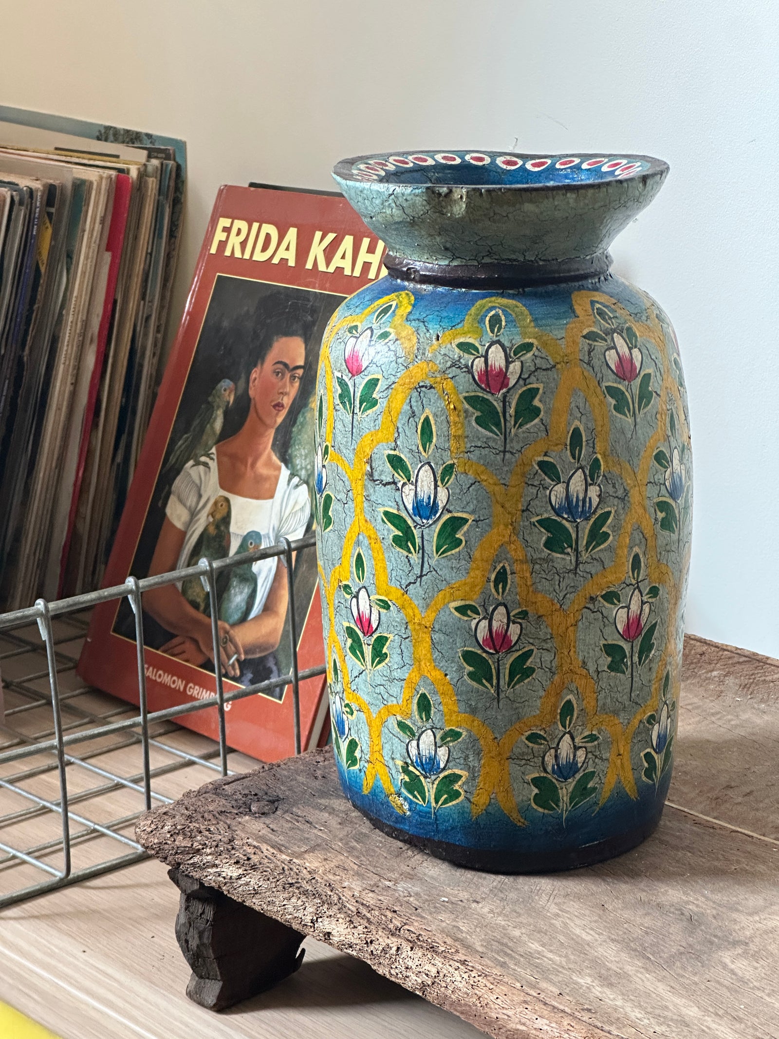 Handpainted Indian wooden pot blue florals