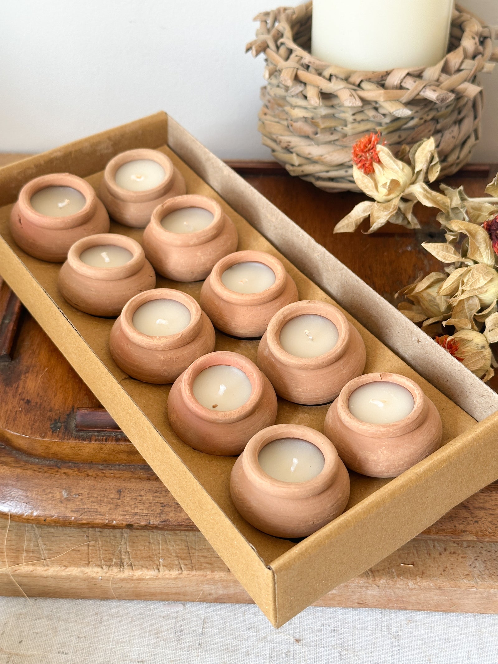 Box of 10 handmade clay tea lights
