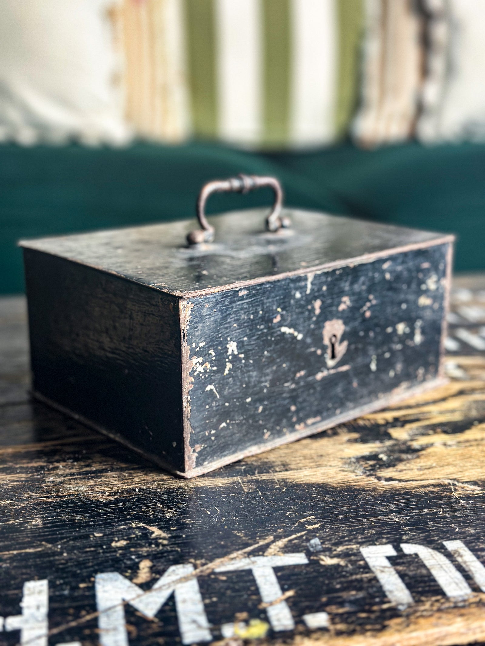 Antique French metal black deed box