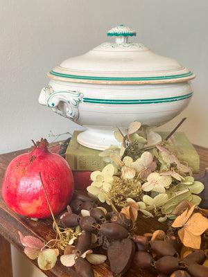 White and green vintage French soupiere with lid