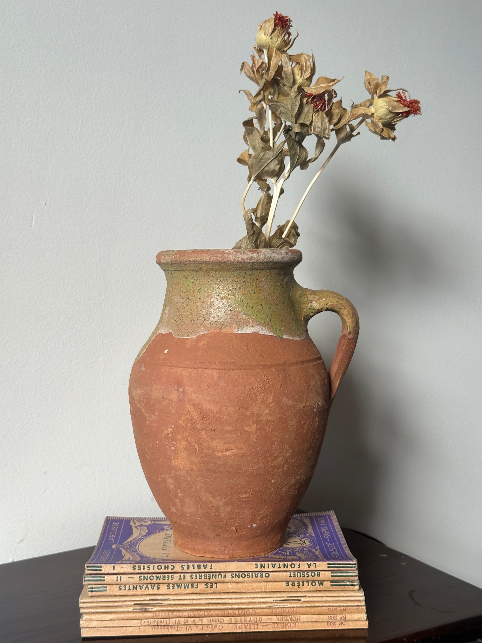 Vintage Turkish olive pitcher terracotta and green