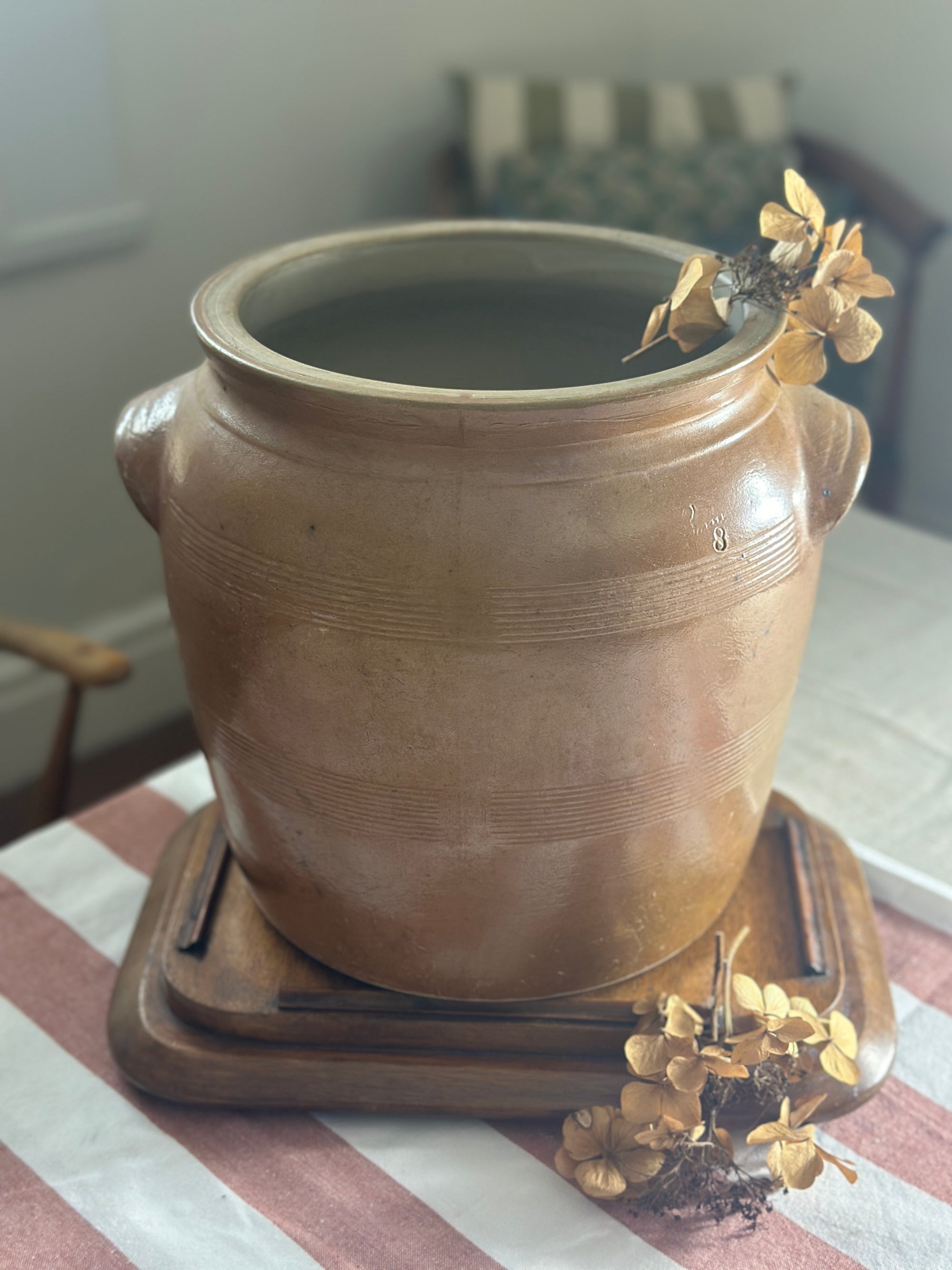 Large brown two handled French confit pot