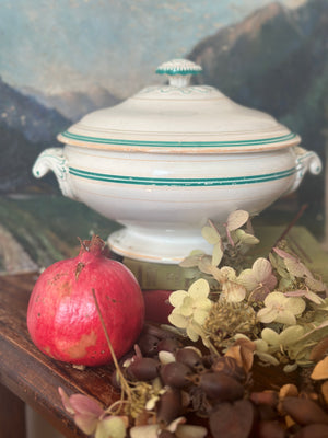 White and green vintage French soupiere with lid