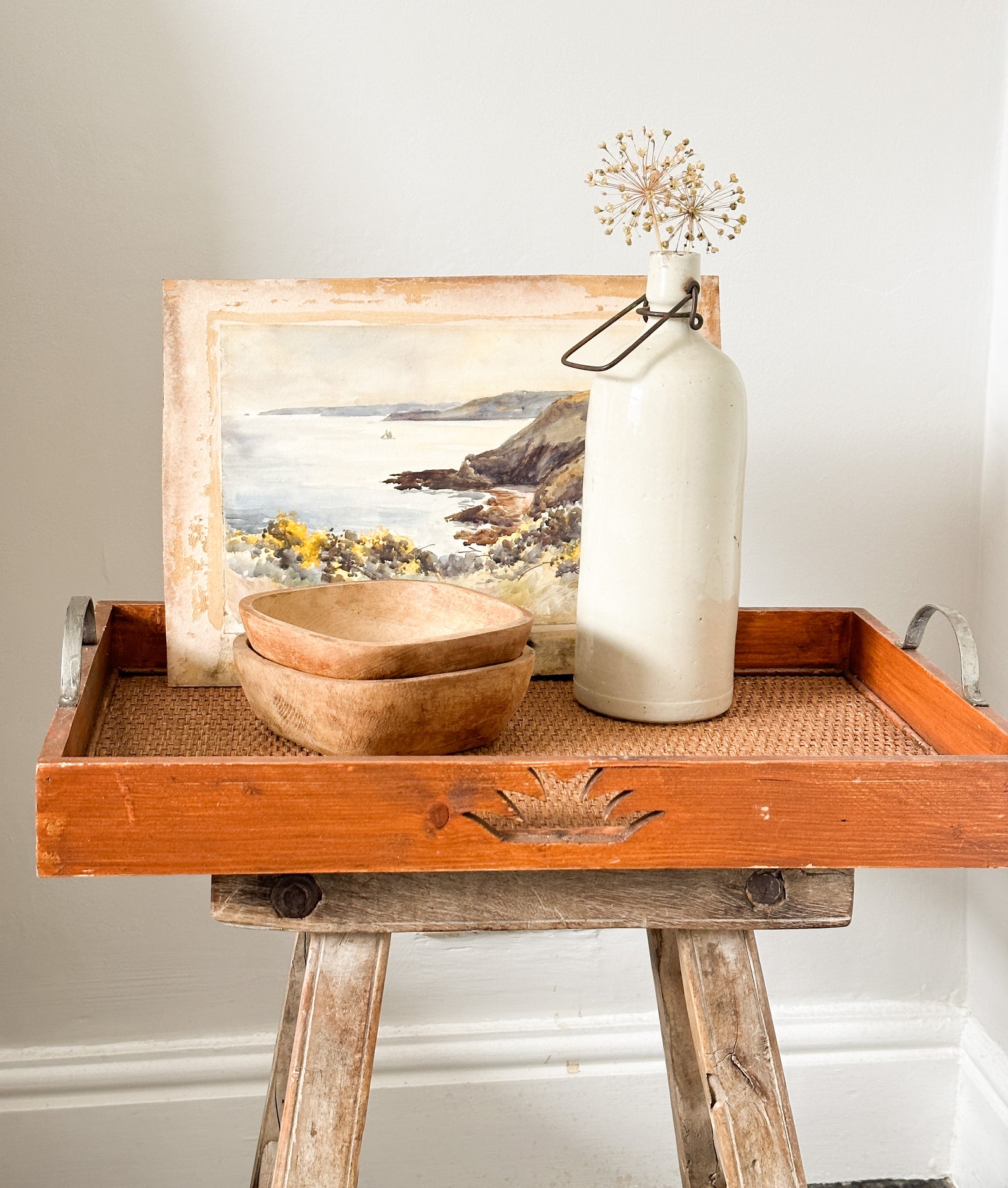 Vintage Villeroy & Boch wood and rattan tray