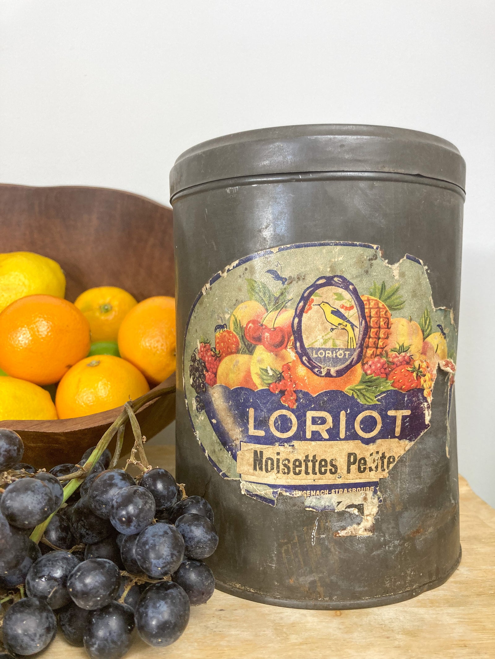 Tin fruit biscuit jar