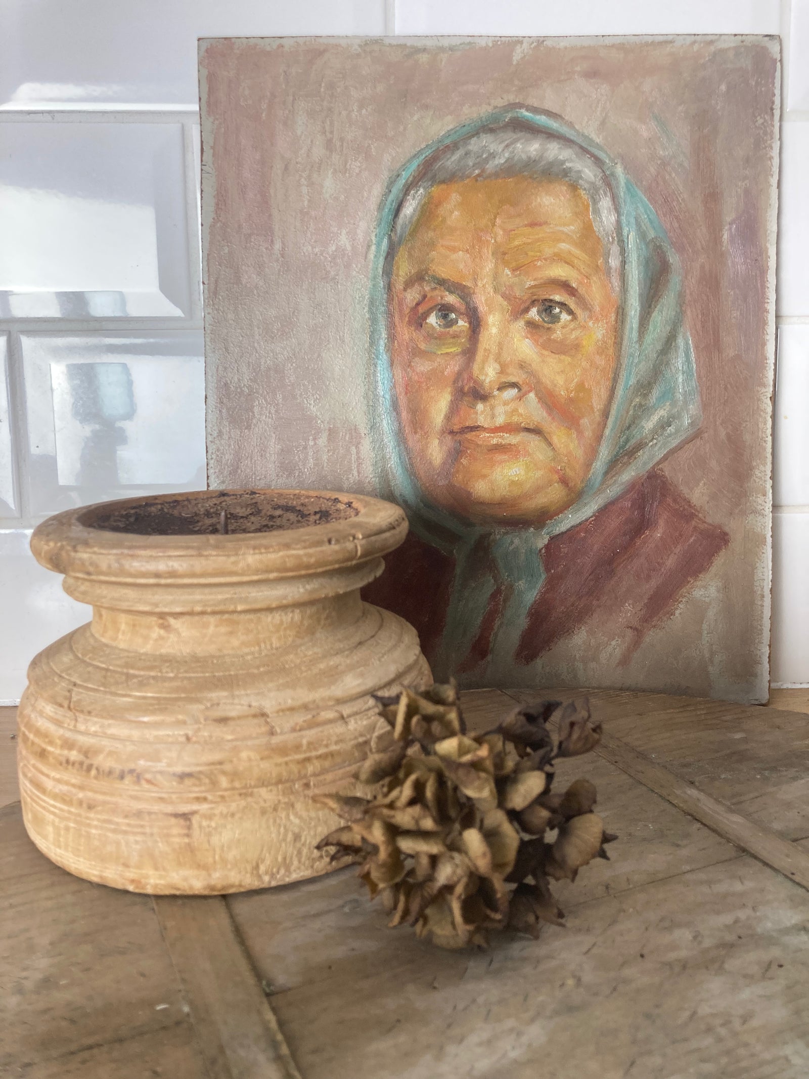 Vintage signed portrait oil painting on board